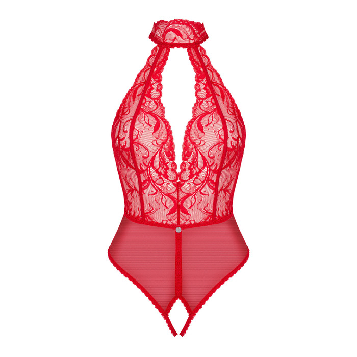 Боди с воротником халтер Obsessive Dagmarie и открытым доступом, красный, XS/S