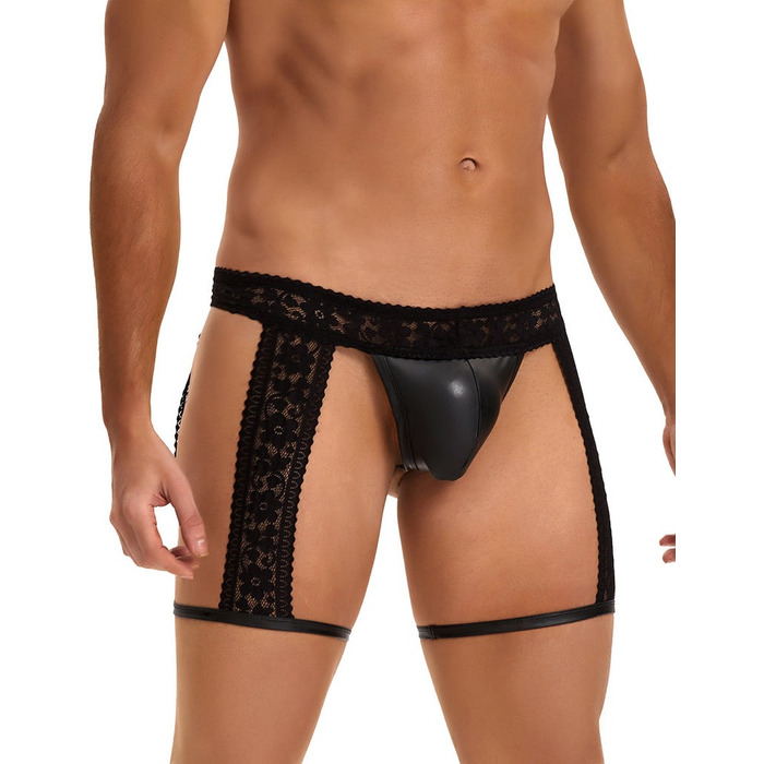 Мужские черные стринги Star Night с гартерами и кружевным поясом, S