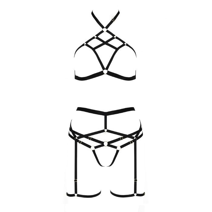 Комплект білизни зі стреп-стрічками та поясом для панчох MORGAN SET WITH OPEN BRA black S/M - Passion