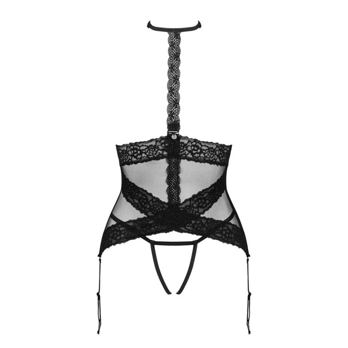 Корсет з мереживом Obsessive Lacrisia з пажами для панчіх, чорний, M/L