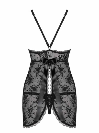 Сорочка Obsessive из цветочного кружева с открытой попой, черный, L/XL