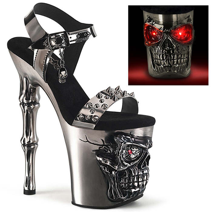 Босоніжки Rapture-812-LT, 8-дюймовий каблук на кісточці з пальцями, 4-дюймовий ремінець на щиколотці з черепом та світлодіодним підсвічуванням, сірий