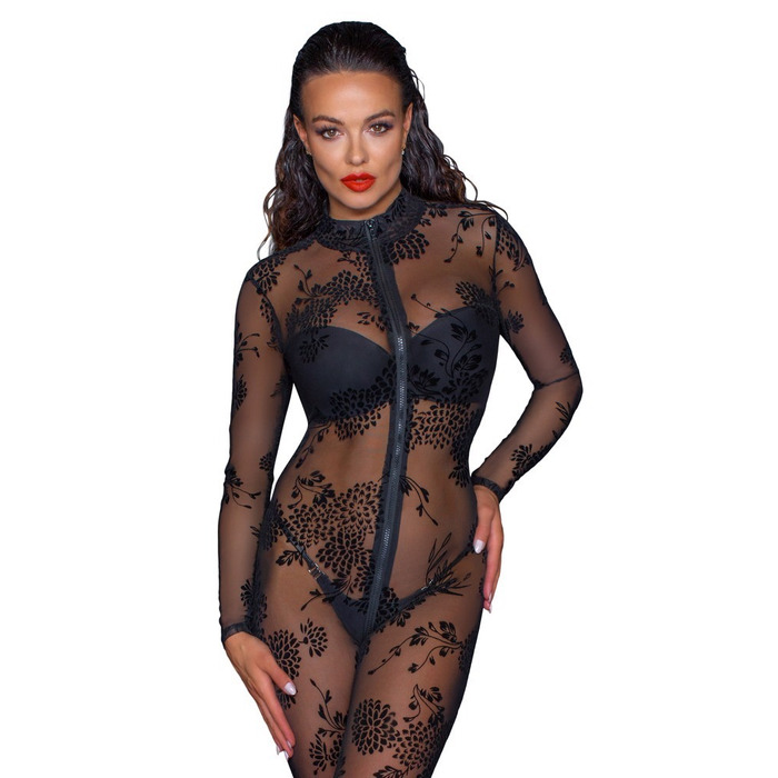 Комбінезон сексуальний напівпрозорий L F237 Noir Handmade, з візерунком та блискавкою