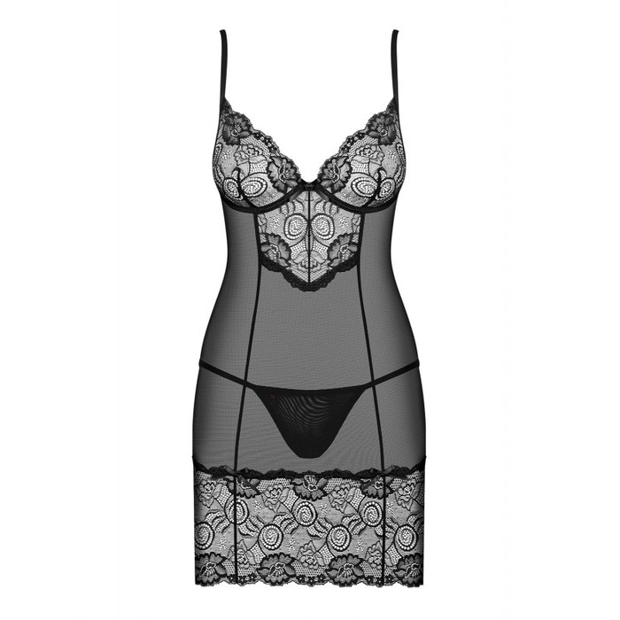 Комплект кружевной Obsessive Alluria пеньюар и трусики, черный, L/XL