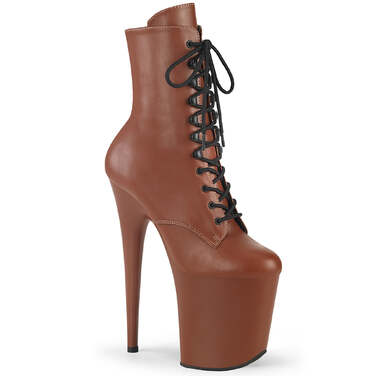 Ботинки Flamingo-1020, каблук 8 дюймов, 4-дюймовые PF-ботинки со шнуровкой спереди, молния сбоку, кофейная веганская кожа