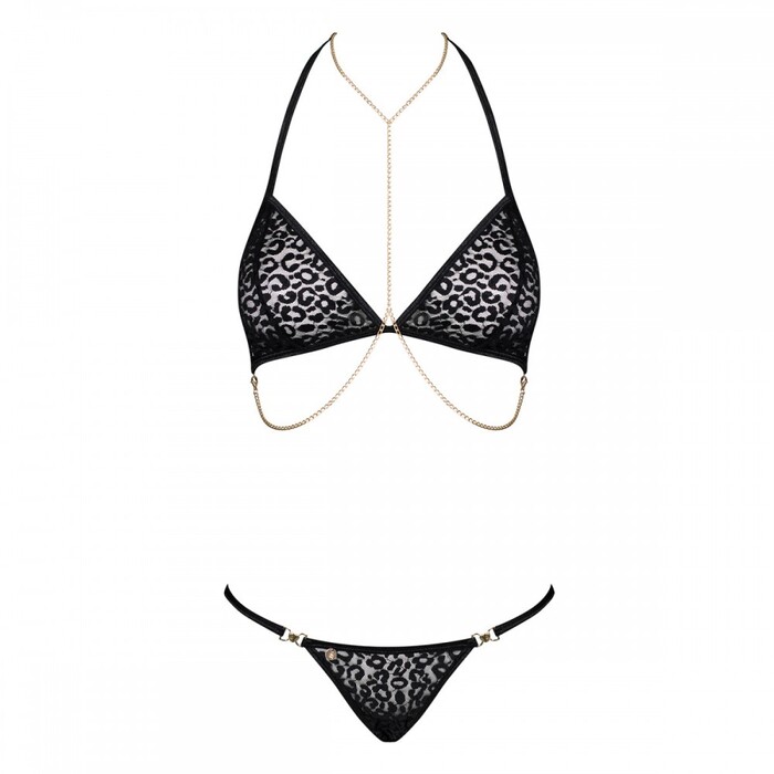 Комплект с анималистическим принтом Obsessive Pantheria и декоративными цепочками, L/XL