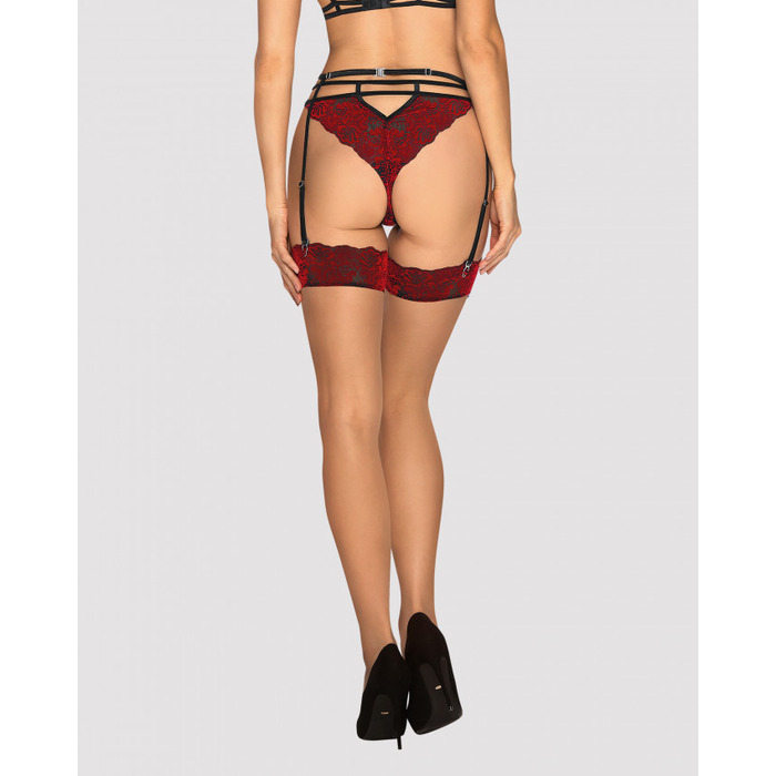 Чулки под пояс с бархатной коронкой Obsessive Sugestina L/XL Natural/red