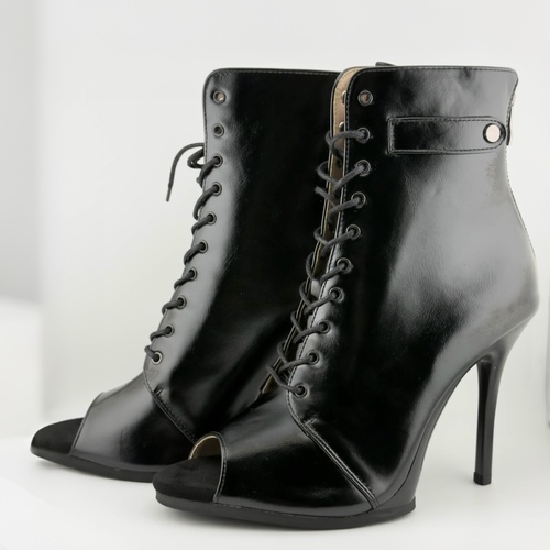 Хілси leather з язичком та литою підошвою, професійне взуття для сучасних танців з відкритим носком та шнурівкою. Ботильйони для High heels (хай хілс), Чорний 11 см, еко шкіра