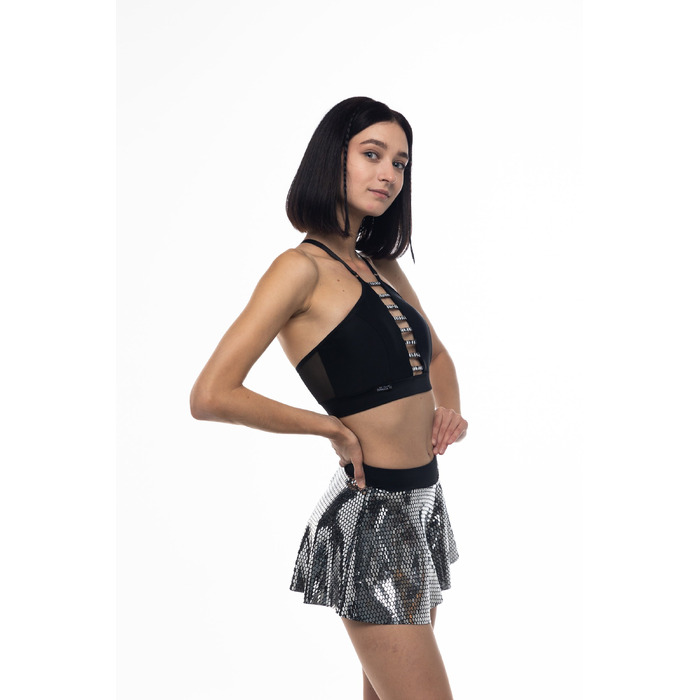 BALMY Set — Топ із Вирізом на Зав’язках і Блискучі Шорти-Спідничка для Полденсу, Тренувань та Сценічних виступів - срібний