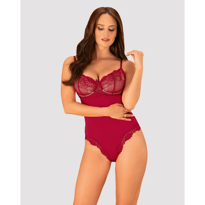 Боди сексуальное с кружевными вставками Obsessive Rosalyne красное, S/M