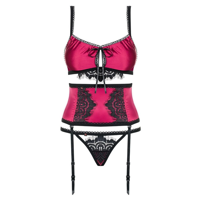 Комплект атласний з поясом для панчох Obsessive 861-SEG-5 бордовий, L/XL