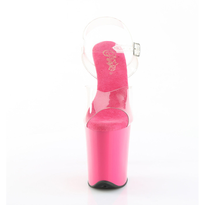 Босоніжки Flamingo-808: підбори 20 см (8 дюймів), платформа 10 см (4 дюйми), ремінець на щиколотці, колір: прозорий/яскраво-рожевий