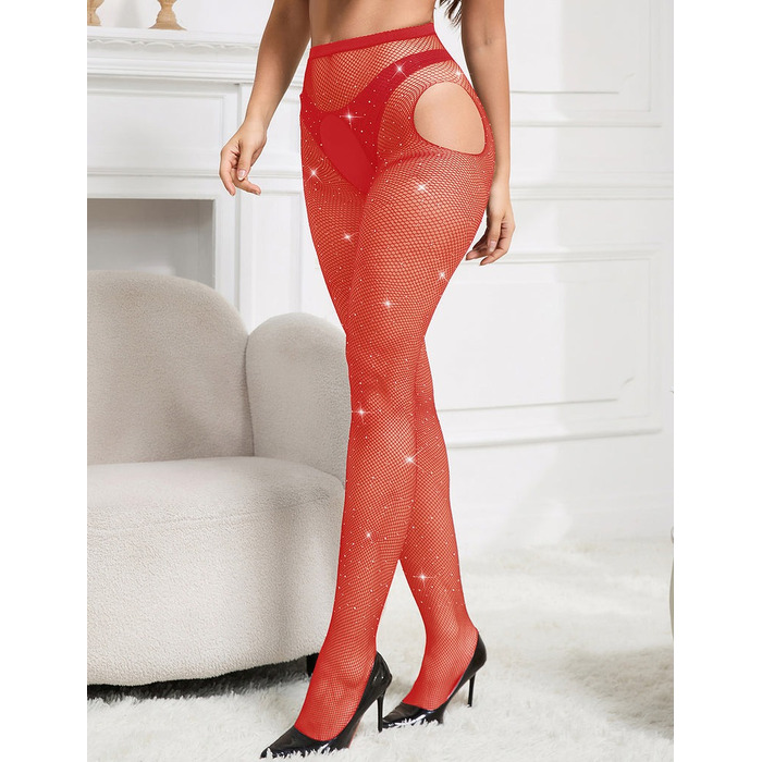 Колготы эротические красные Star Night с открытым доступом и стразами, XS-M