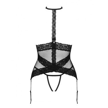 Корсет з мереживом Obsessive Lacrisia з пажами для панчіх, чорний, M/L