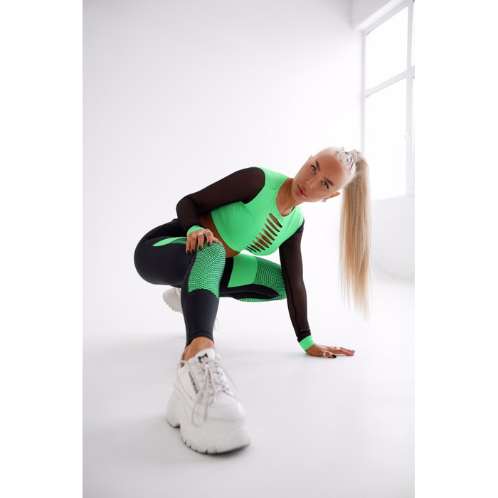 ТОП FLOURESCENT GREEN  TOP WITH TULE LONG SLEEVES