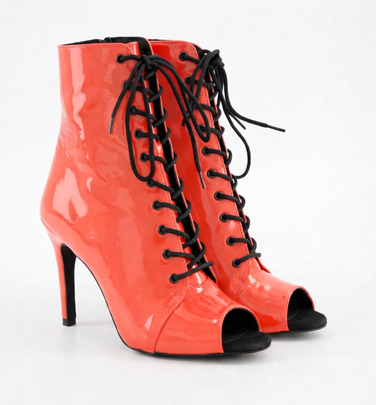 Профессиональные ботильоны для High Heels из натуральной кожи, коралловый лак, с язычком и открытым носком, на шнуровке — обувь для современных танцев