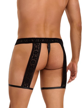 Мужские черные стринги Star Night с гартерами и кружевным поясом, S