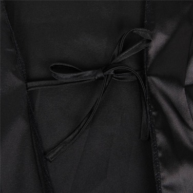 Халат з декоративним мереживом та довгими рукавами під пояс Star Night стрінги в комплекті, чорний, M