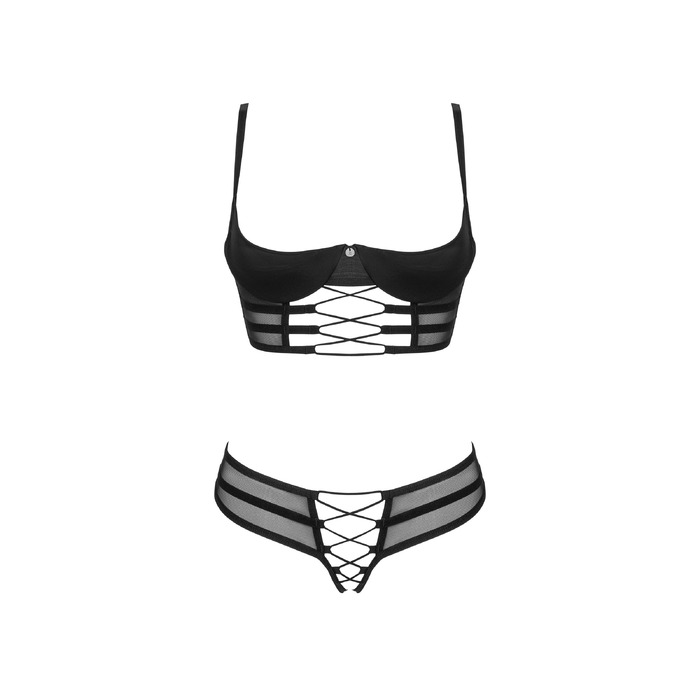 Комплект белья Obsessive Roxelia бюстье с открытыми чашками и трусики с доступом, черные, XS/S