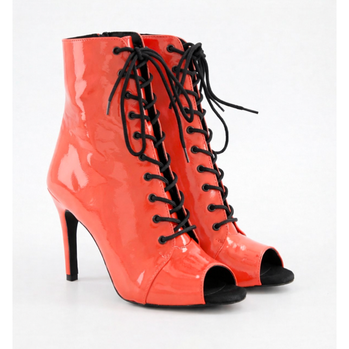Профессиональные ботильоны для High Heels из натуральной кожи, коралловый лак, с язычком и открытым носком, на шнуровке — обувь для современных танцев