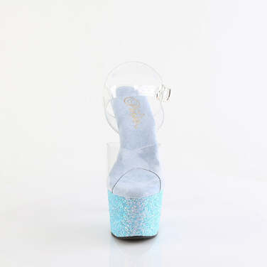 Босоніжки Adore-708LG на підборах 7 дюймів, ремінець на щиколотці 2 3/4 дюйма з голографічним блискітками, прозорі/сині