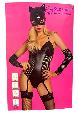 Костюм Кошечки Sunspice боди с подвязками, маска, рукава, чулки, черный, L/XL