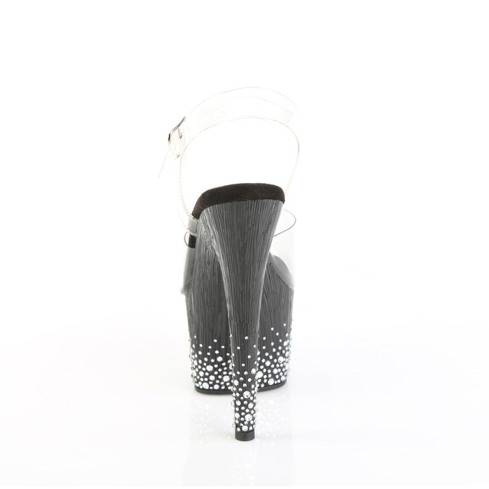 Босоніжки Adore-708SPKL-01 на підборах 18 см, платформа 7 см, з ремінцем на щиколотці та декором із розсипчастих стразів, колір: прозорий/чорний-сріблястий