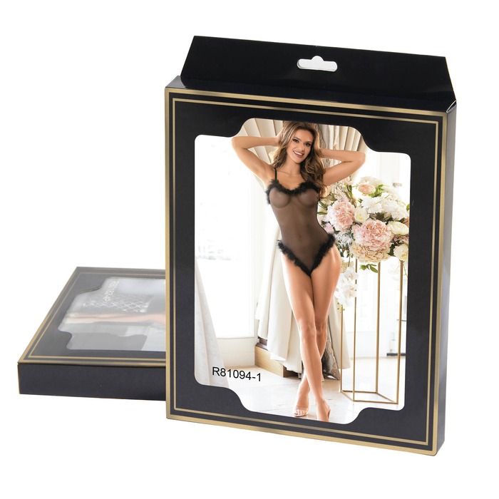 Сексуальное черное боди Star Night с искуственным лебединным пухом, XL