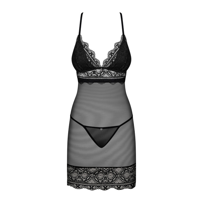 Пеньюар напівпрозорий з мереживними вставками Obsessive Reneliai та стрінги, S/M