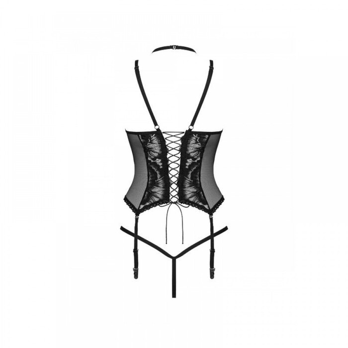 Корсет з квітковими візерунками Obsessive Alessya, стрінги в комплекті, чорний, XS/S