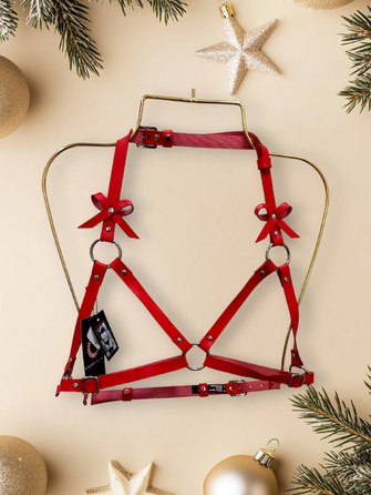 Портупея та пояс для панчох з бантиками Candy Hero 'Kit17' з екошкіри, червоні