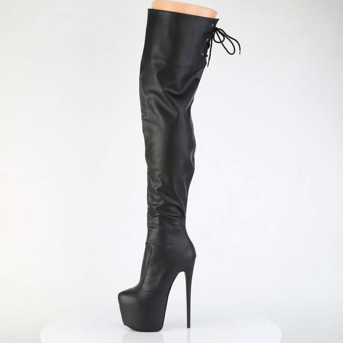 Чоботи Jubilant-3007 на підборах 7 дюймів, приховані чоботи до стегна 3 дюйми з еластичним покриттям PF, блискавка збоку, чорна еластична веганська шкіра