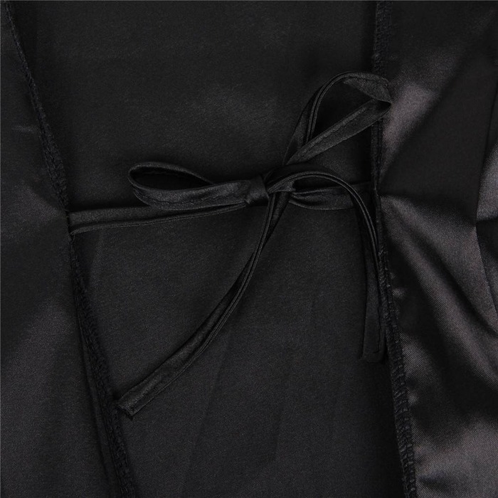 Халат з декоративним мереживом та довгими рукавами під пояс Star Night стрінги в комплекті, чорний, M