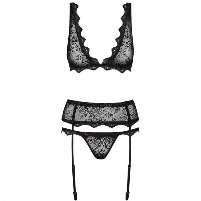 Комплект кружевной Obsessive Emperita, бюстье, трусики и пояс для чулок, черный, L/XL