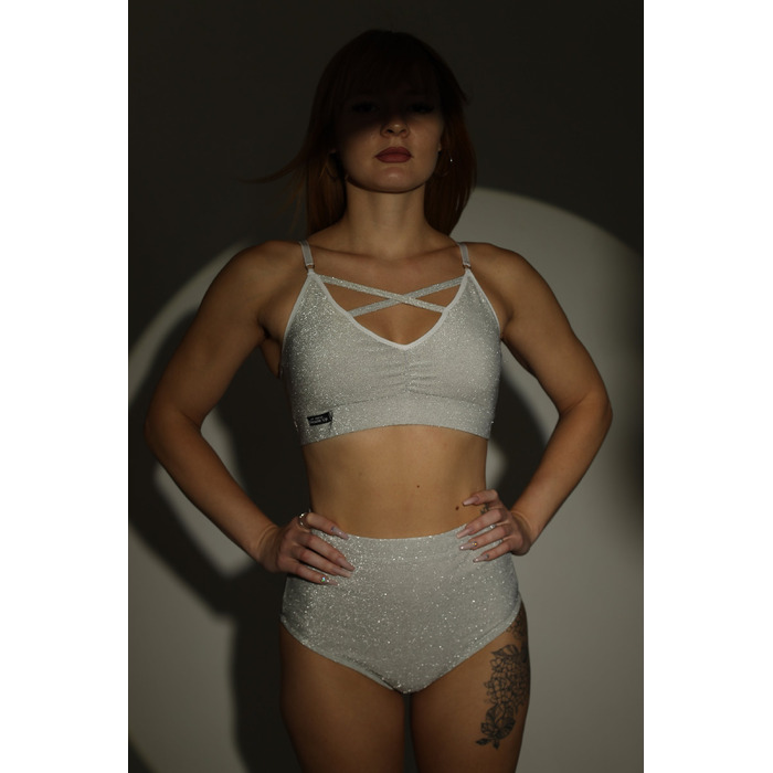 Lurex — високі шорти з блиском для pole dance, heels та сценічних тренувань - біло-срібний