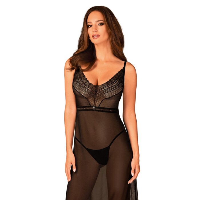 Пеньюар длинный Obsessive Estiqua с открытой спиной, черный, M/L