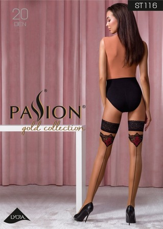 Чулки кружевные ST116 бежевые с черно-красной отделкой 5 (20 den) - Passion
