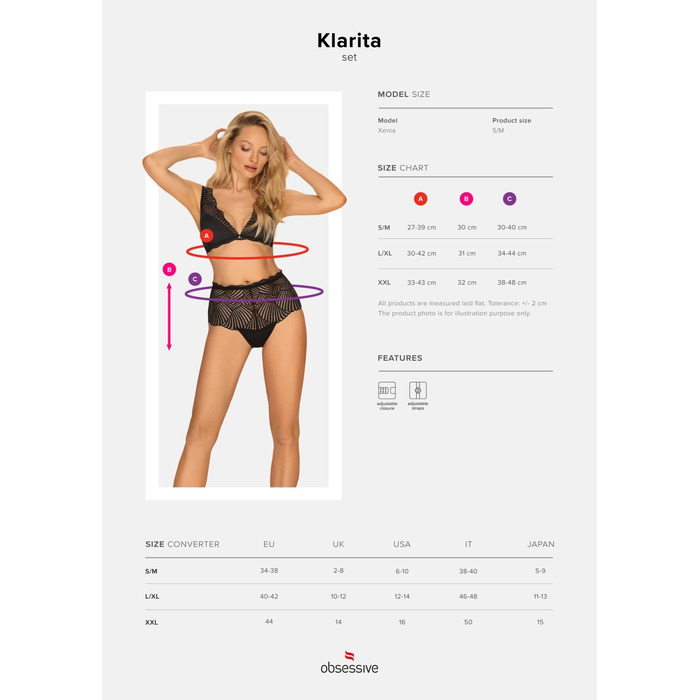 Комплект мереживний Obsessive Klarita ліф і трусики з високою посадкою, чорний, L/XL