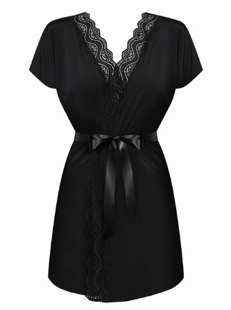 Халат атласный Obsessive 810-PEI-1 с кружевами, черный, S/M