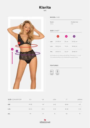 Комплект мереживний Obsessive Klarita ліф і трусики з високою посадкою, чорний, L/XL
