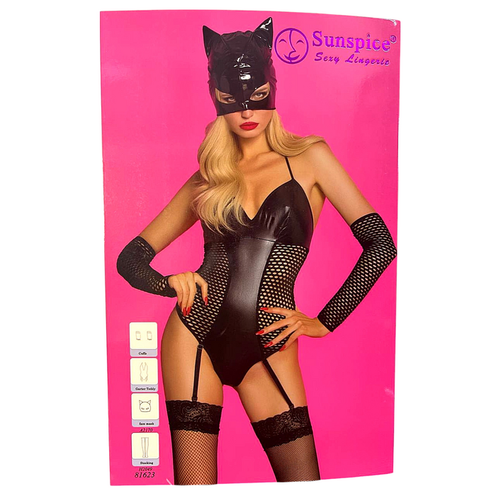 Костюм Кошечки Sunspice боди с подвязками, маска, рукава, чулки, черный, L/XL