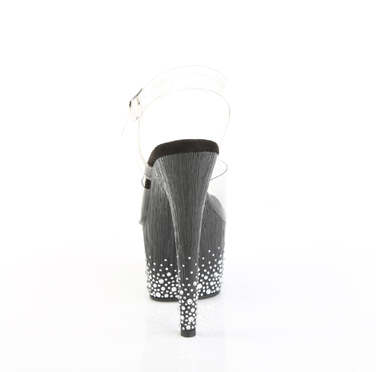 Босоніжки Adore-708SPKL-01 на підборах 18 см, платформа 7 см, з ремінцем на щиколотці та декором із розсипчастих стразів, колір: прозорий/чорний-сріблястий