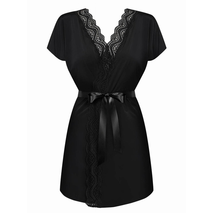 Халат атласный Obsessive 810-PEI-1 с кружевами, черный, S/M